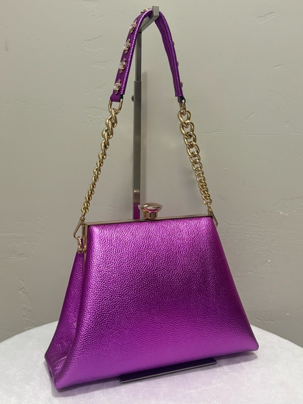 Metallic Purple Pebble Cowhide Handmade Push Lock Boxy Bag, Multi Use Style Bag